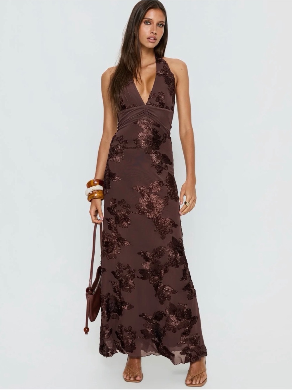 Princess Polly Rousseau Halter Maxi Dress Espresso Size US 6